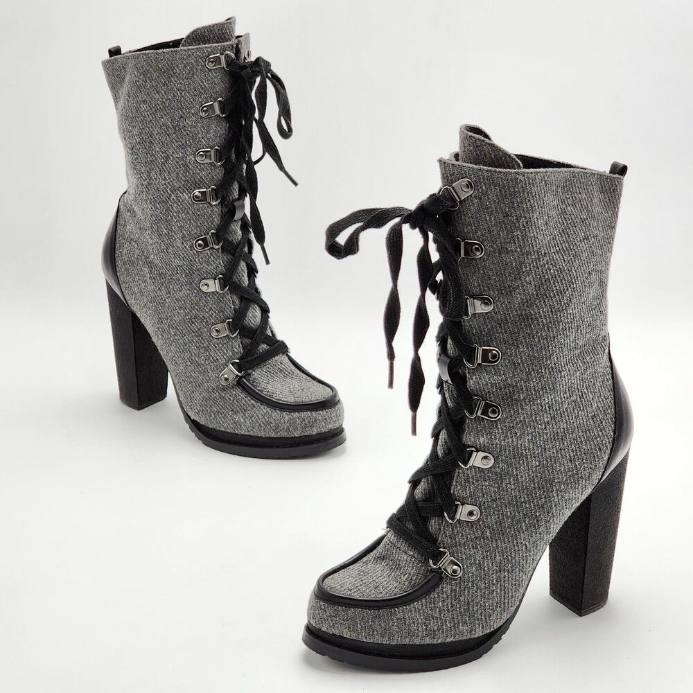 Charles David Torch Felt Grey Burnished Calf Heeled Lace Up Boots Size 7.5